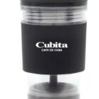 A transparent and black manual coffee grinder with the brand Cubita Café de Cuba printed on the front. The grinder has a sleek design with a turning handle on top and a removable compartment for grounds.