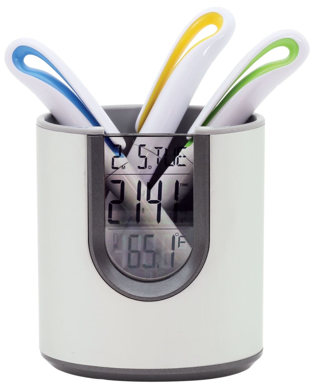 A digital thermometer holder with a display showing 21.4°C and 65.1°F. It contains three thermometers with colorful handles: blue, yellow, and green. The holder is predominantly gray and white.