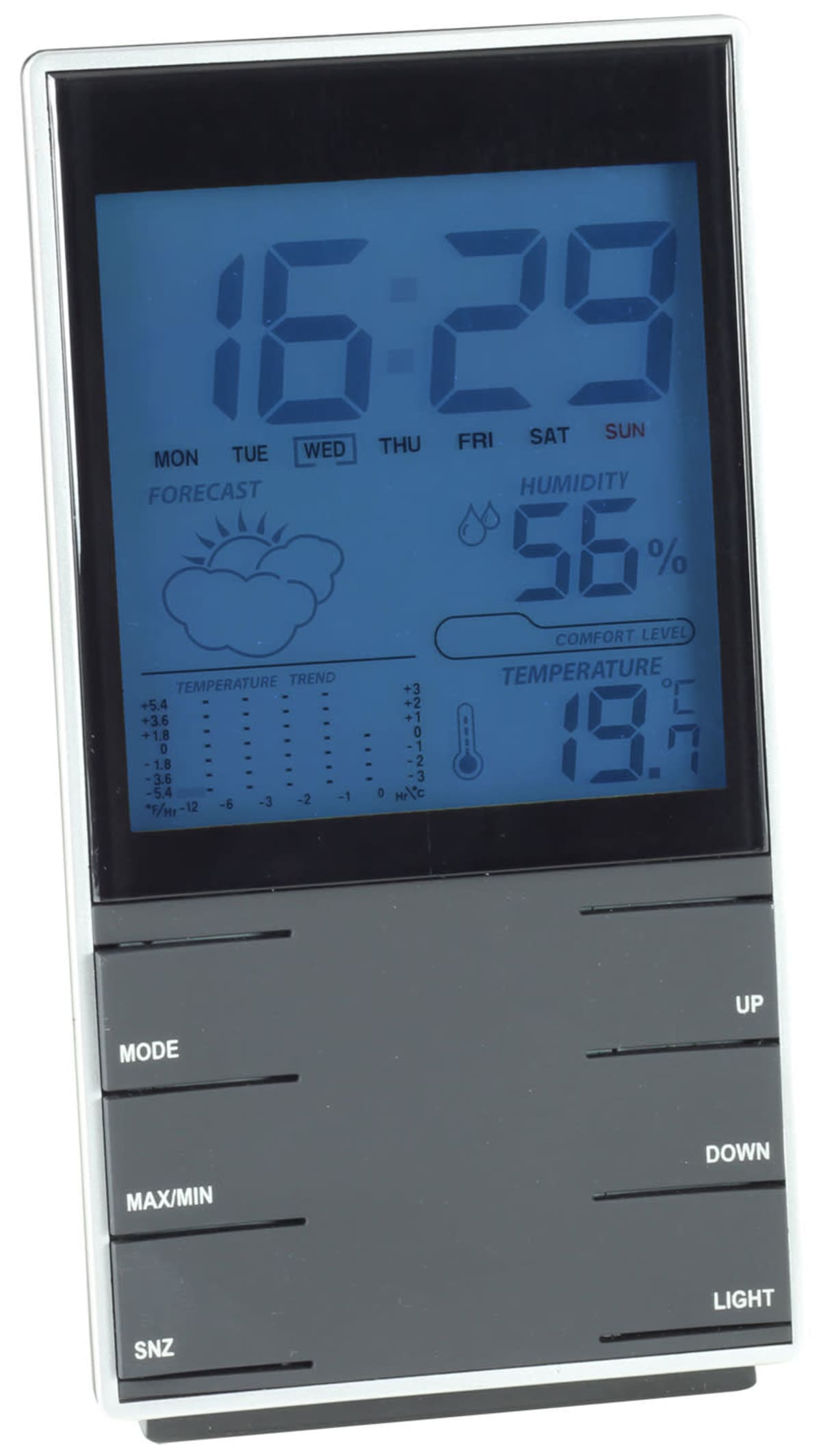 A digital weather station display showing the time as 16:29 on a Wednesday. The screen indicates a cloudy weather forecast, humidity at 50%, and a temperature of 19.7°C. Buttons for mode, max/min, snooze, and light are below the display.