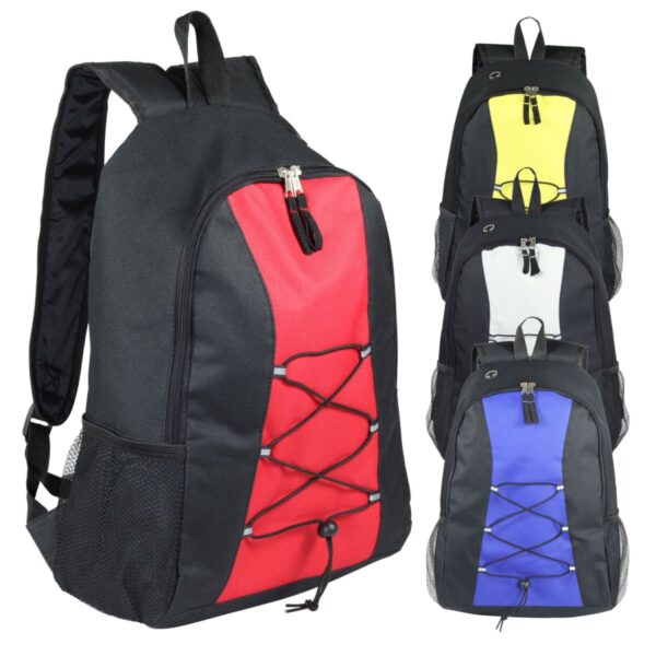 Five sporty backpacks with mesh side pockets and front lace-up detail. Colors include black with red, yellow, gray, white, and blue accents. Each has adjustable shoulder straps and a top handle. Displayed on a white background.