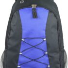 A black and blue backpack with a front zipper pocket, two main zippered compartments, and a crisscross cord design on the front. It features mesh side pockets and adjustable padded shoulder straps.