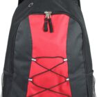 A black and red backpack with a front zipper pocket and adjustable straps. It features a crisscross elastic cord design on the front and has mesh side pockets. The top has a small loop for hanging.