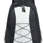 A black and gray backpack with a front zipper pocket and adjustable black shoulder straps. It has a drawstring zigzag detail on the front and black mesh side pockets.
