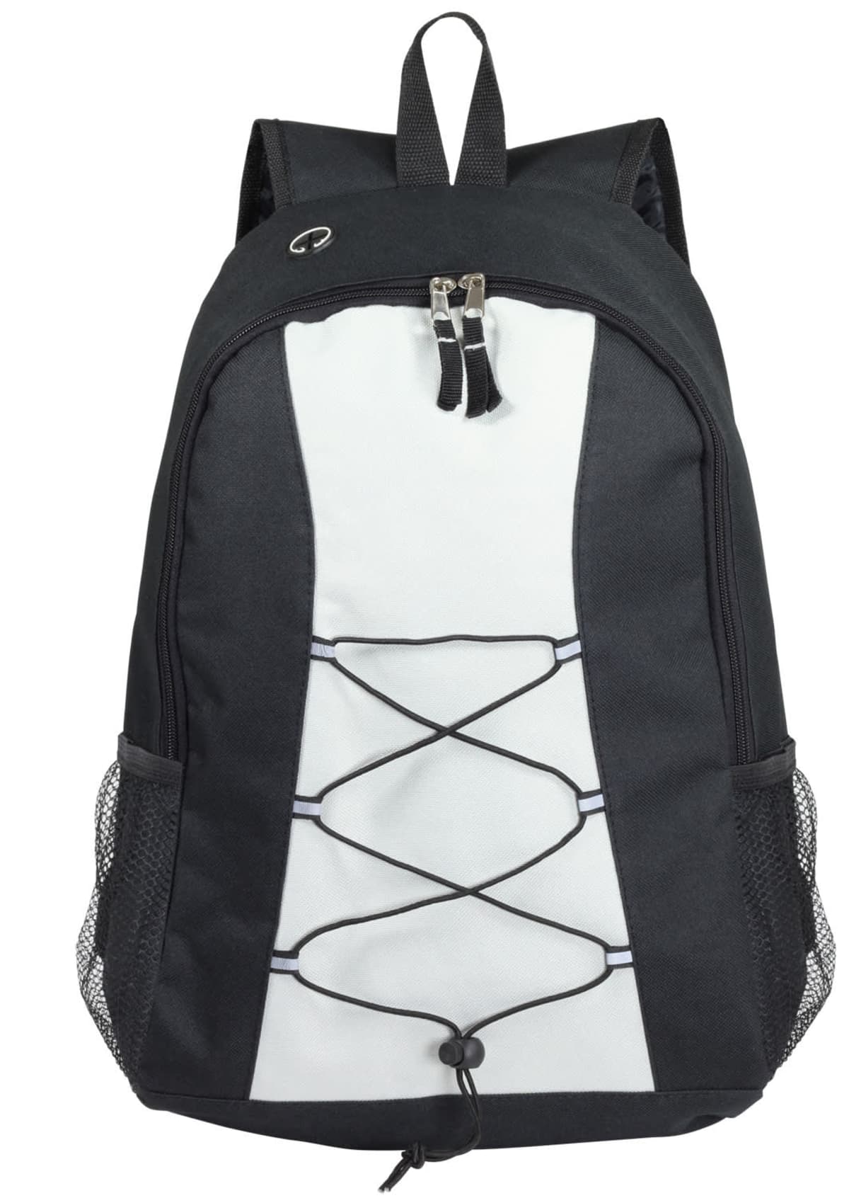 A black and gray backpack with a front zipper pocket and adjustable black shoulder straps. It has a drawstring zigzag detail on the front and black mesh side pockets.