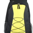 A black and yellow backpack with a front zipper pocket, mesh side pockets, and an adjustable elastic cord on the front. The top has a carrying handle and padded shoulder straps.