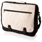 A beige and black messenger bag with a handle on top, a front zipper pocket, and two buckle closures. The bag has an adjustable shoulder strap on the right side.