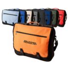 A collection of seven messenger bags in various colors, including orange, light blue, blue, gray, dark gray, green, and red. Each bag features a front zipper pocket and adjustable shoulder strap. The orange bag is prominently displayed in the foreground.