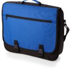 A blue and black messenger bag with a front zippered pocket, two buckle closures, and an adjustable shoulder strap. The top has a handle for carrying.