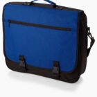 A blue and black messenger bag with a zippered front pocket, a top handle, and an adjustable shoulder strap. The bag also features two buckle closures on the bottom front flap.