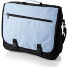 A light blue and black messenger bag with a front zipper pocket and two buckle closures. It has a top handle and an adjustable shoulder strap. The bag stands against a plain white background.