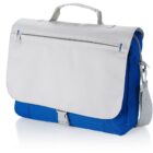 A blue and gray messenger bag with a handle and an adjustable strap. It has a front flap featuring a zipper pocket and a buckle closure. The bottom portion is blue, while the top flap is light gray. The bag is standing upright.