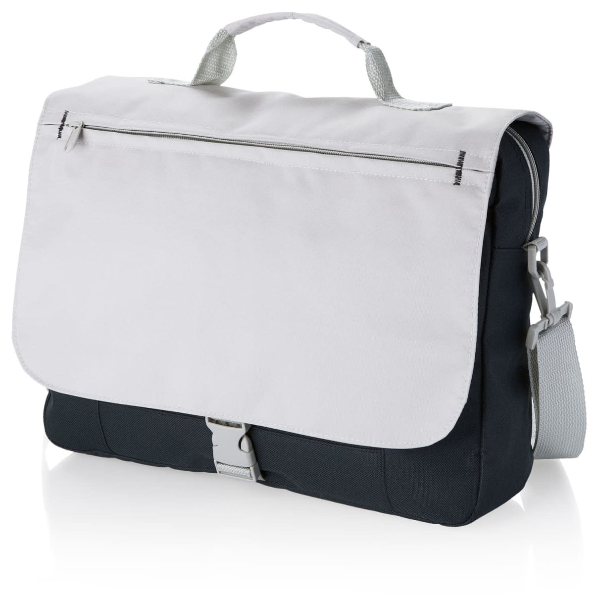 A two-tone messenger bag with a white flap and a black body. It features a front zipper pocket on the flap, a top handle, and an adjustable shoulder strap. The bag has a sleek and modern design, resting on a reflective surface.