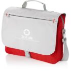 A red and gray messenger bag with a top handle and adjustable shoulder strap. Theres a white logo and text on the gray flap reading 3DEUS Institute for Biodevmal Research, with a circular symbol above the text.
