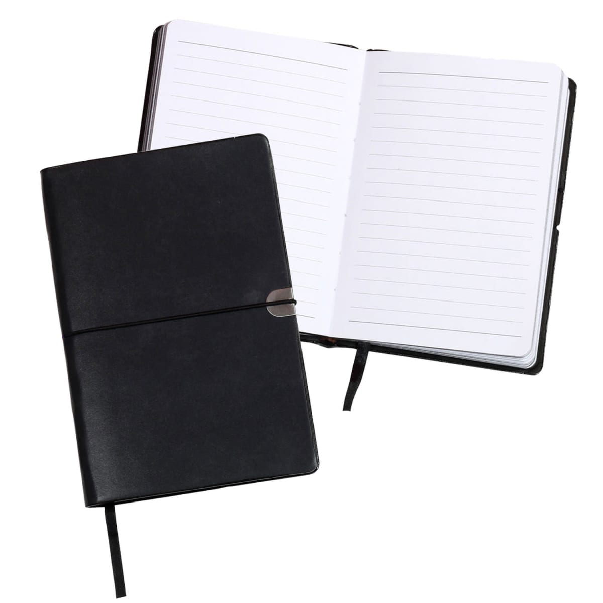 Two black leather notebooks are displayed. The one on the left is closed, secured with an elastic band, while the right one is open, revealing lined white pages. Both have a ribbon bookmark attached.