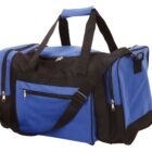 A blue and black duffel bag with multiple zippered compartments, two black handles, and an adjustable black shoulder strap. The bag is displayed against a white background.