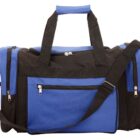 A blue and black duffel bag with sturdy handles and an adjustable shoulder strap. It features multiple zippered compartments and pockets for storage. The design is suitable for travel or sports activities.