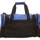 A black and blue duffel bag with a zipper on top and side pockets. It has two black handles and a blue handle wrap. The design is simple and sporty.