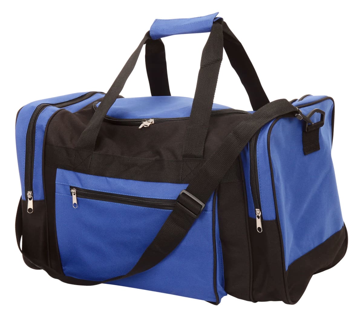 A blue and black duffel bag with multiple zippered compartments, two black handles, and an adjustable black shoulder strap. The bag is displayed against a white background.