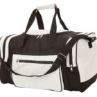 A black and white sports duffel bag with multiple zippered compartments and both handles and a shoulder strap. Its displayed against a plain white background.