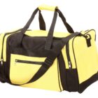 A yellow and black duffel bag with multiple zippered compartments and dual handles. The bag features a detachable shoulder strap and side pocket, resting on a plain white background.