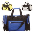 Three duffel bags in different colors: a large blue and black bag in the foreground, with smaller yellow and black, and white and black bags in the background. Each bag has handles, a shoulder strap, and multiple zippered pockets.