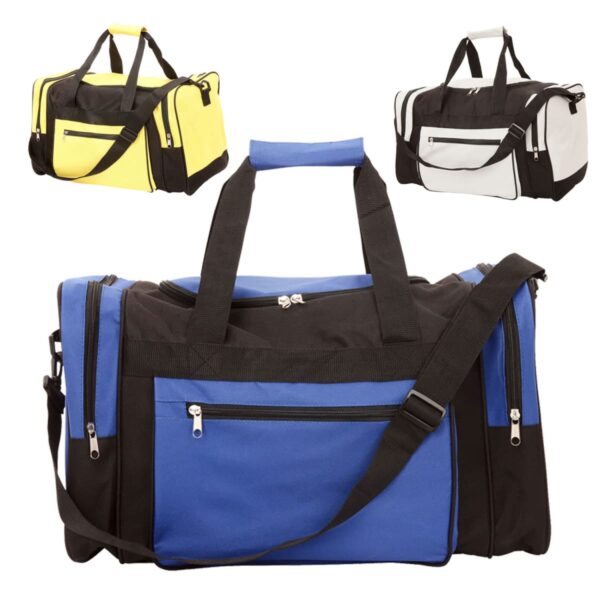 Three duffel bags are displayed: a large blue and black bag in front with multiple zippers and straps, a smaller yellow and black bag in the top left, and a white and black bag in the top right.