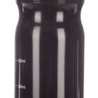 Black sports water bottle with an orange band around the lid. Measurement markings on the side indicate volumes from 100ml to 700ml. The bottle has a rounded top with a push-pull spout.