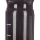A black plastic water bottle with a dark purple band near the cap. It has a measurement scale on the side indicating volumes from 100ml to 700ml. The cap is closed and features a push-pull spout.