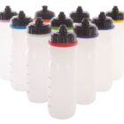 A cluster of ten white sports water bottles with black lids and various colored bands at the neck, including red, blue, green, purple, and yellow, arranged in staggered rows on a plain background.