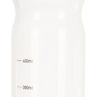 A clear plastic water bottle with a black screw-on lid and a blue band. It has measurement markings along the side indicating volumes in milliliters, ranging from 100ml to 700ml.