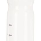 A white plastic water bottle with a black screw-on lid and a pink accent. The bottle has volume markers in increments of 100ml, ranging from 100ml to 700ml.