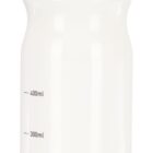 A white plastic water bottle with a black screw-on lid and red trim. The bottle has measurement markings on the side at 100ml intervals, up to 700ml.