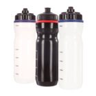 Three sports water bottles with measurement markings. The left bottle is white with a purple cap, the middle is black with a red cap, and the right is white with a blue cap. Each bottle shows volume measurements in milliliters.