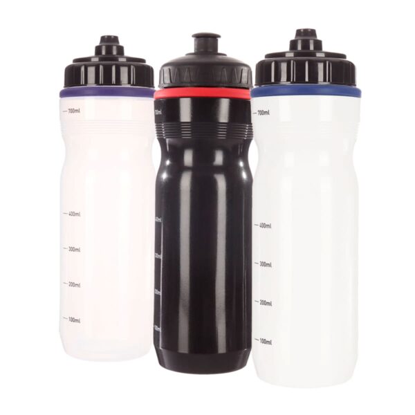 Three plastic water bottles with measurement markings. The left bottle is translucent with a purple band, the middle is black with a red band, and the right is translucent with a blue band.