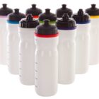 Eight white water bottles with black caps, each featuring a colored band near the top. The colors include red, blue, green, orange, and purple. The bottles are arranged in a staggered formation against a plain background.