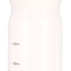 A white plastic water bottle with a black screw-on cap. The bottle features measurement markings on the side, indicating volumes from 100ml to 700ml.