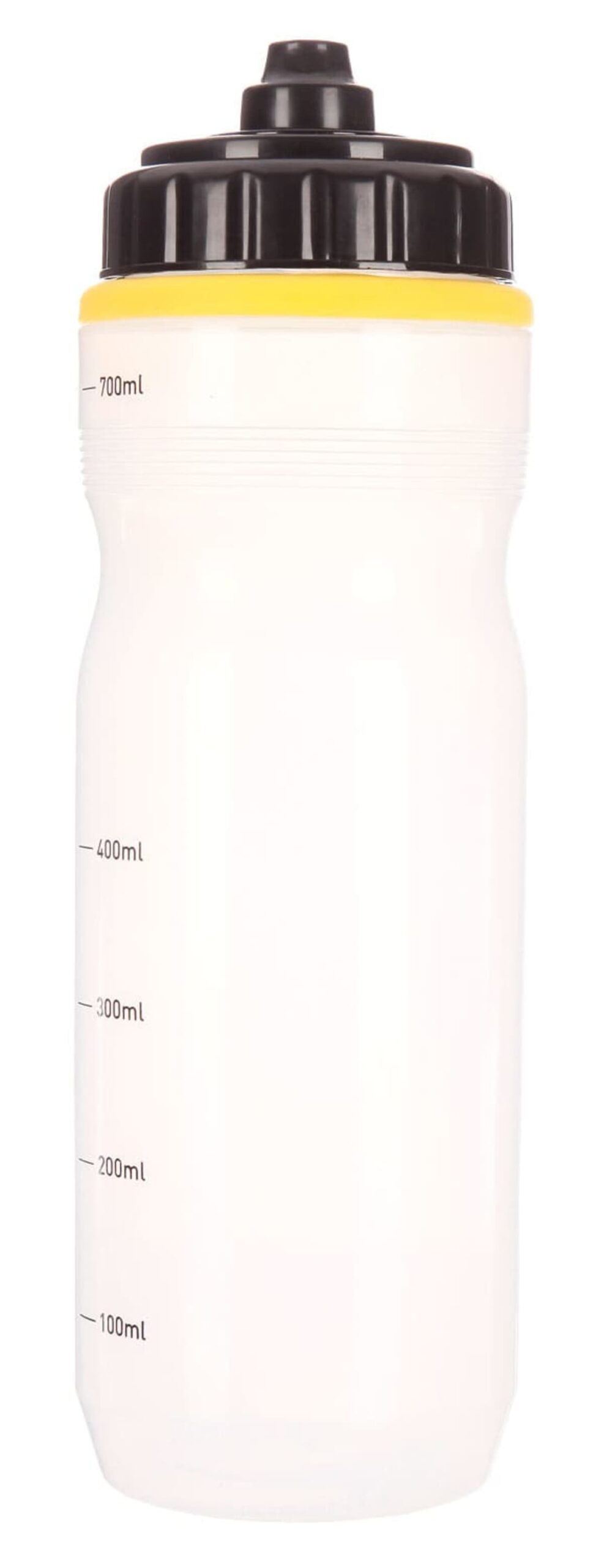 A white plastic water bottle with a yellow band near the black screw-on lid. Volume markers from 100ml to 700ml are printed vertically on the side.