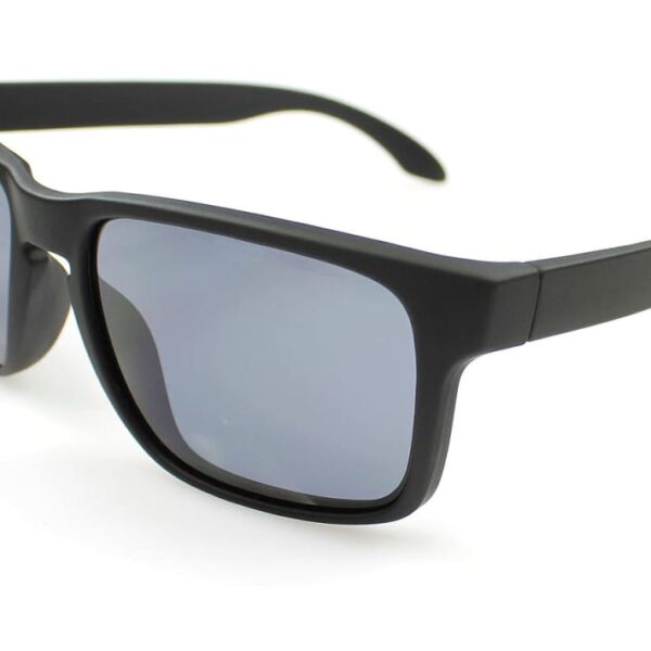 Black square-framed sunglasses with dark lenses on a white background.