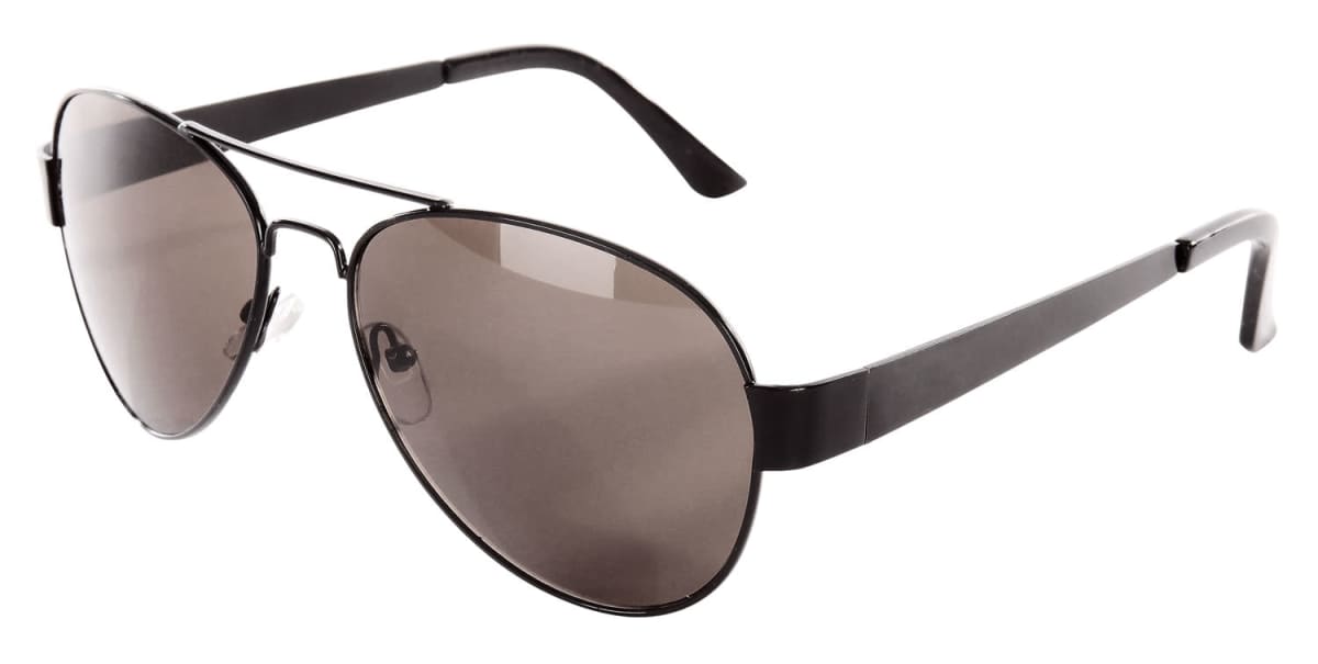 A pair of aviator-style sunglasses with dark lenses and a thin black metal frame is displayed against a white background.