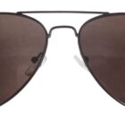 Aviator sunglasses with dark tinted lenses and black metal frames, viewed from the front against a plain white background.