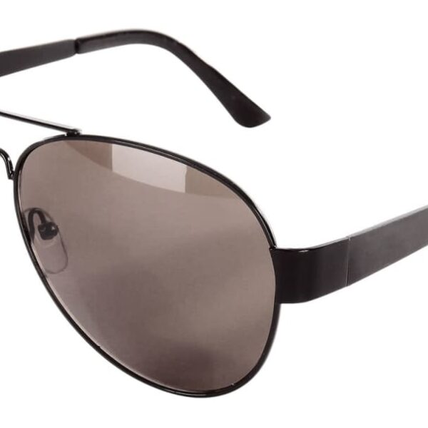 Aviator sunglasses with dark tinted lenses and a sleek black metal frame, featuring a double bridge and thin temples with plastic tips for comfort.