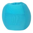 A bright turquoise, round cushion with a smooth fabric surface. The cushion has a seam running horizontally around the middle, giving it a structured appearance. It appears soft and plush, suitable for seating or decoration.