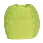 A green bean bag chair with a smooth texture and a pocket on the side. The bean bag has a rounded, cube-like shape and appears soft and comfortable.