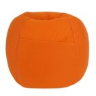 An orange, soft fabric pumpkin-shaped decoration with visible stitching, resting on a white background.