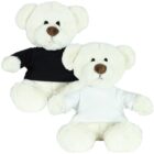 Two plush teddy bears with white fur. One wears a black sweater and the other a white sweater. They are sitting side by side, facing forward.