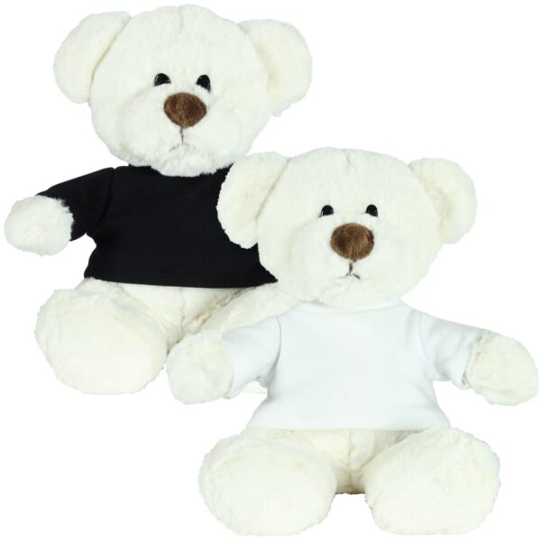Two plush teddy bears are sitting side by side. Both have white fur and brown noses. One bear is wearing a black shirt, and the other is wearing a white shirt. They are positioned against a white background.