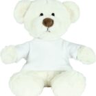 A plush white teddy bear wearing a plain white shirt. The bear is sitting upright, with a brown nose and black eyes, against a plain white background.
