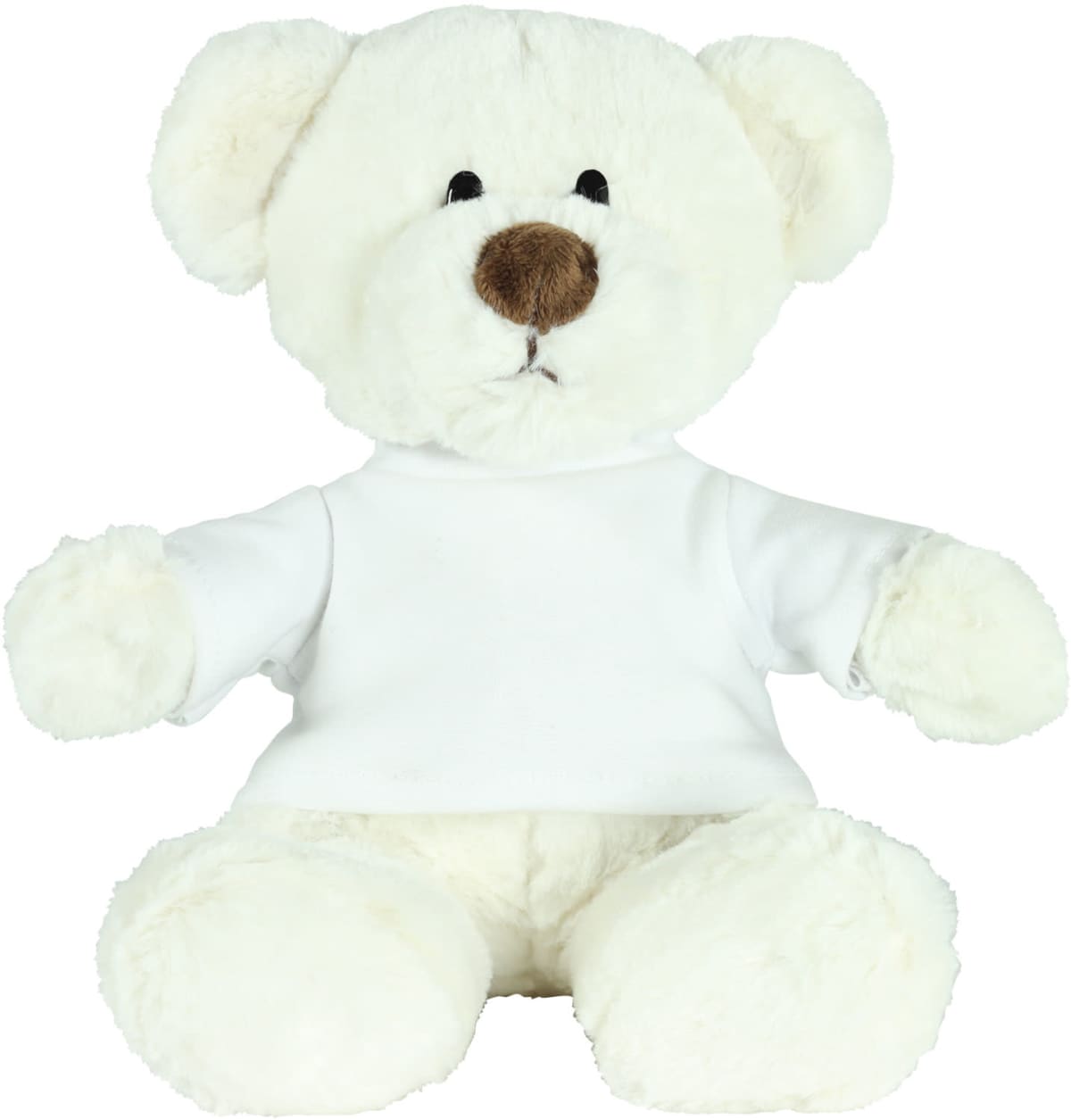 A plush white teddy bear wearing a plain white shirt. The bear is sitting upright, with a brown nose and black eyes, against a plain white background.