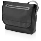 A black messenger bag with a gray strap and zippered front pocket. The design is sleek and minimalist with a flap covering the main compartment.