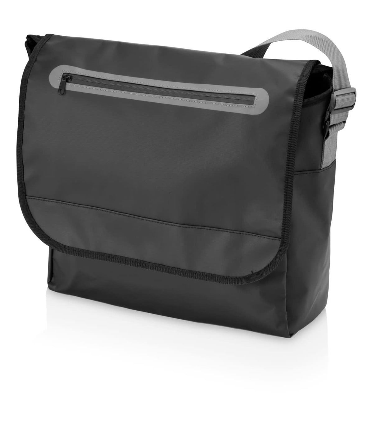 A black messenger bag with a gray strap and zippered front pocket. The design is sleek and minimalist with a flap covering the main compartment.
